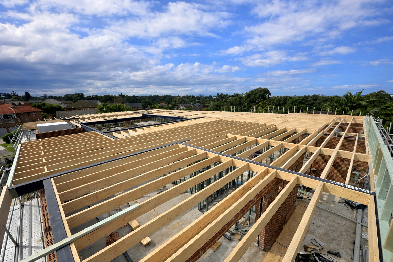 Construction site with wooden roof framing on a building under development, with partly built brick walls, surrounded by houses and greenery under a cloudy blue sky.
