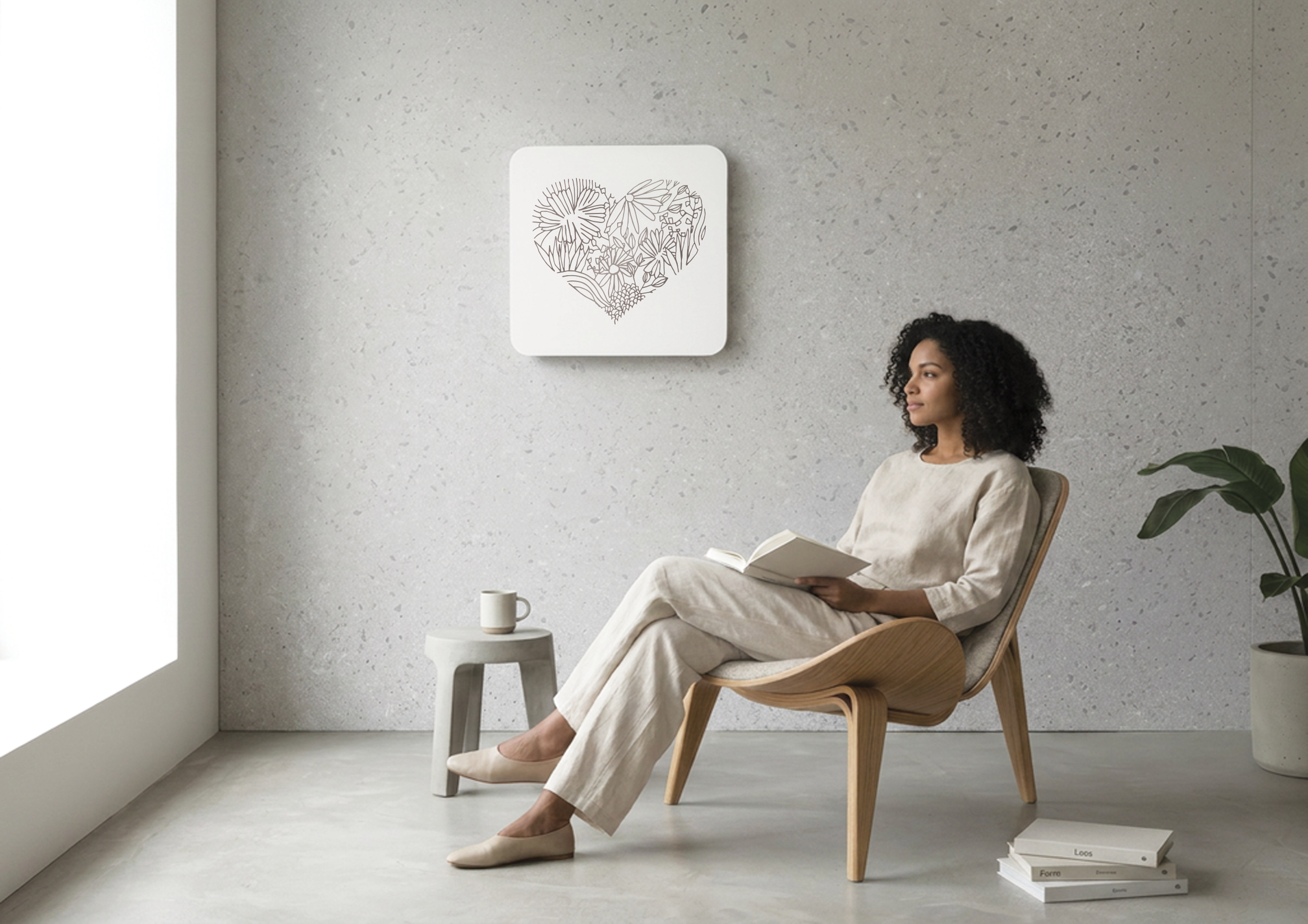 A person sitting in a minimal space reading in front of an etched architectural designed wall art panel.