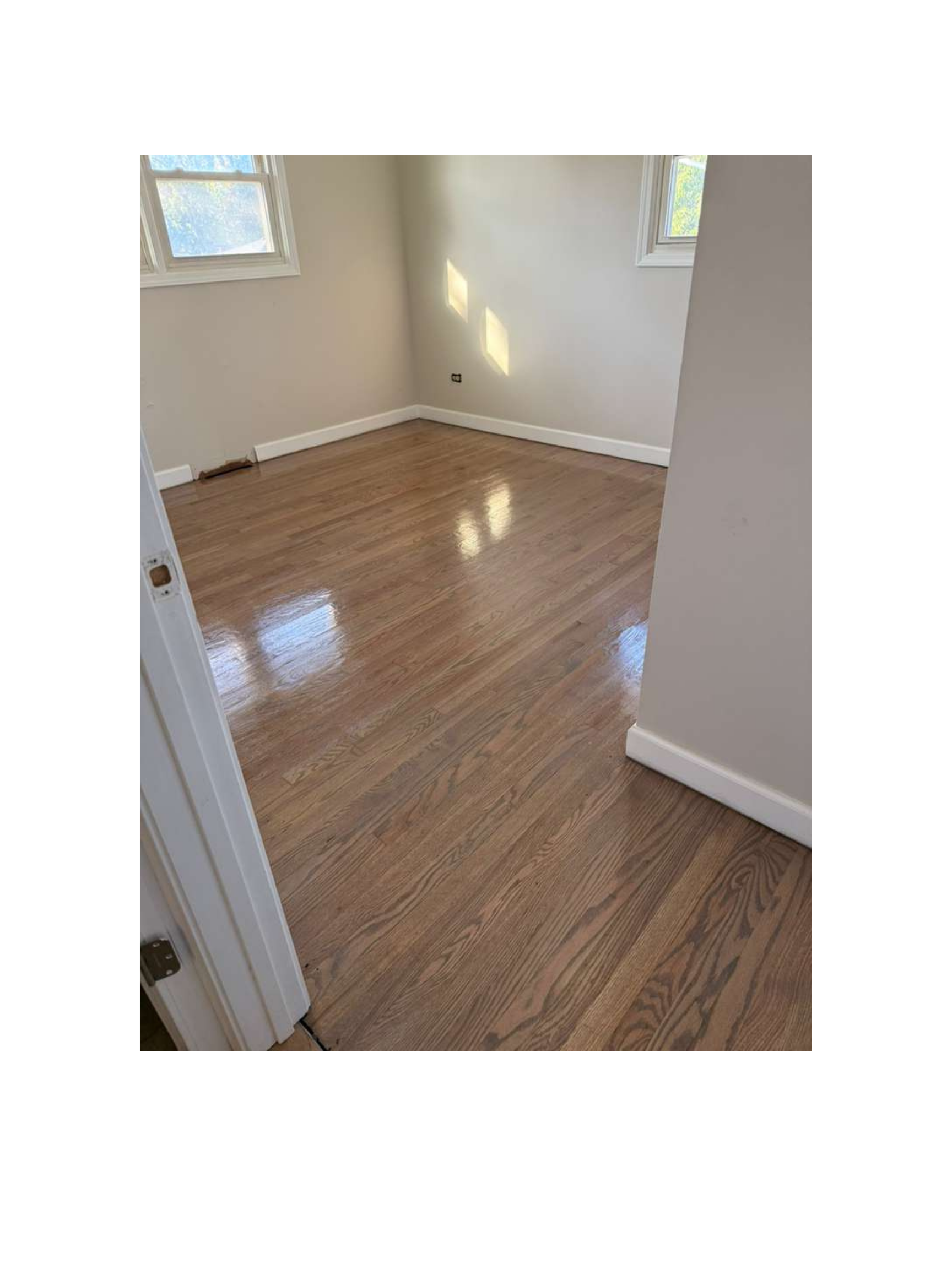 Empty room with hardwood floor, white walls, two windows, and baseboards.