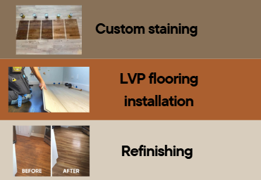 A collage of three images showing different home improvement projects: the first with wood flooring samples, the second showing LVP flooring installation, and the third demonstrating flooring refinishing before and after.