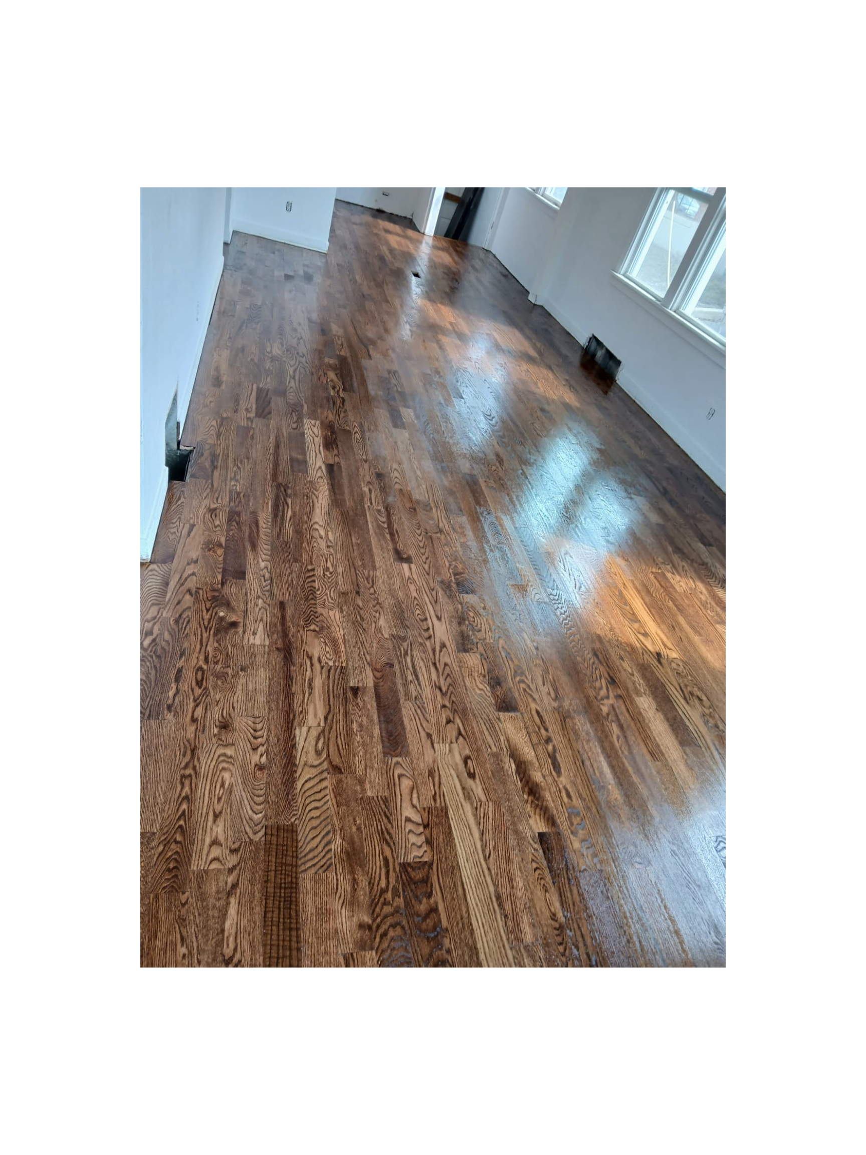 A room with newly refinished hardwood floors and white walls, with sunlight coming through large windows.