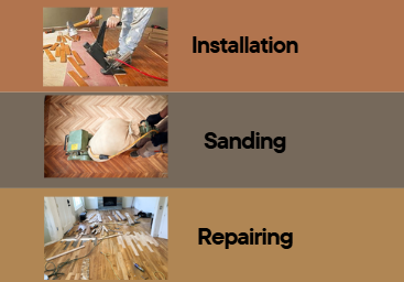 Collage of three images: installation with flooring tools, sanding a wooden floor, and repairing a wooden floor with tools.