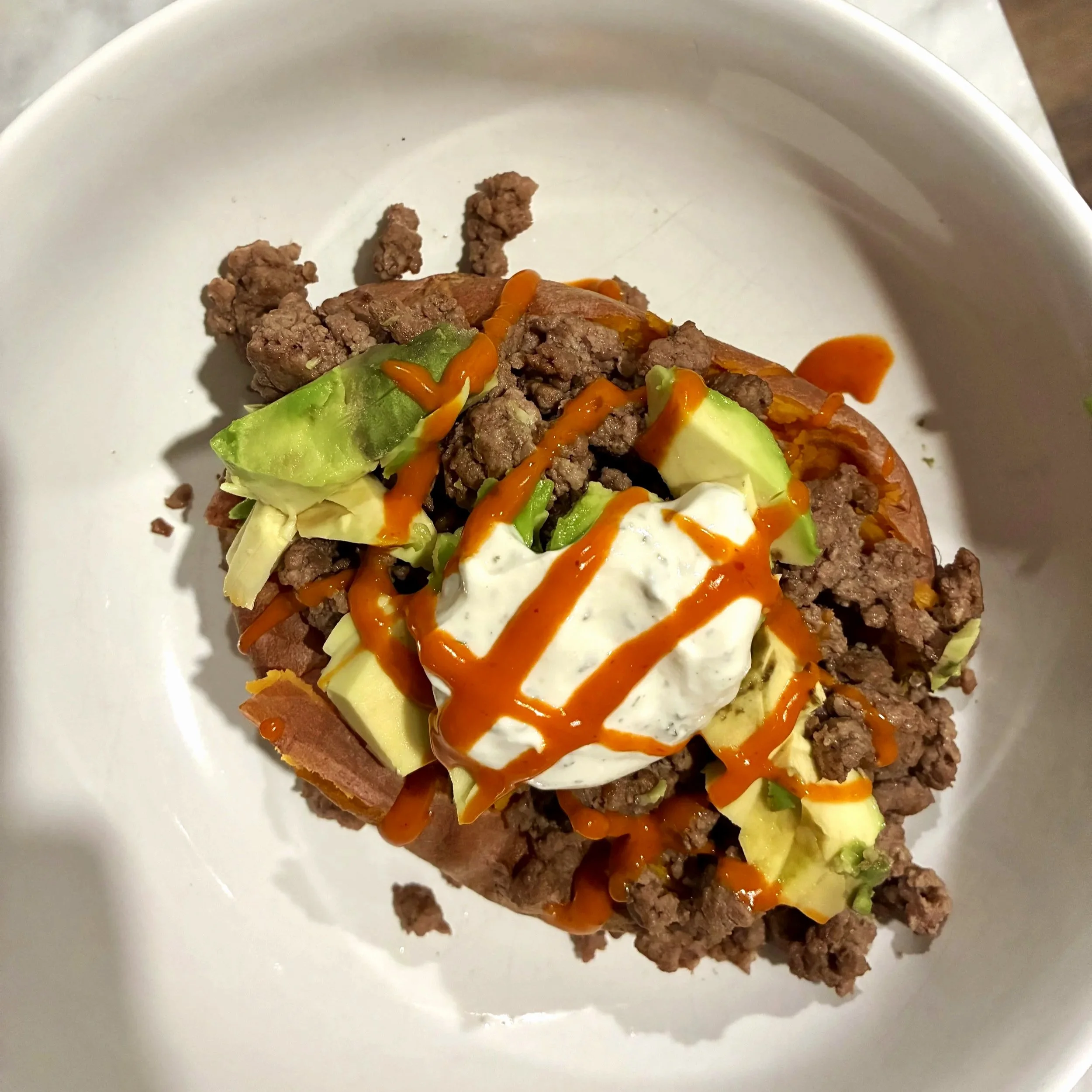 Open-Faced Sweet Potato Beef “Bowl”
