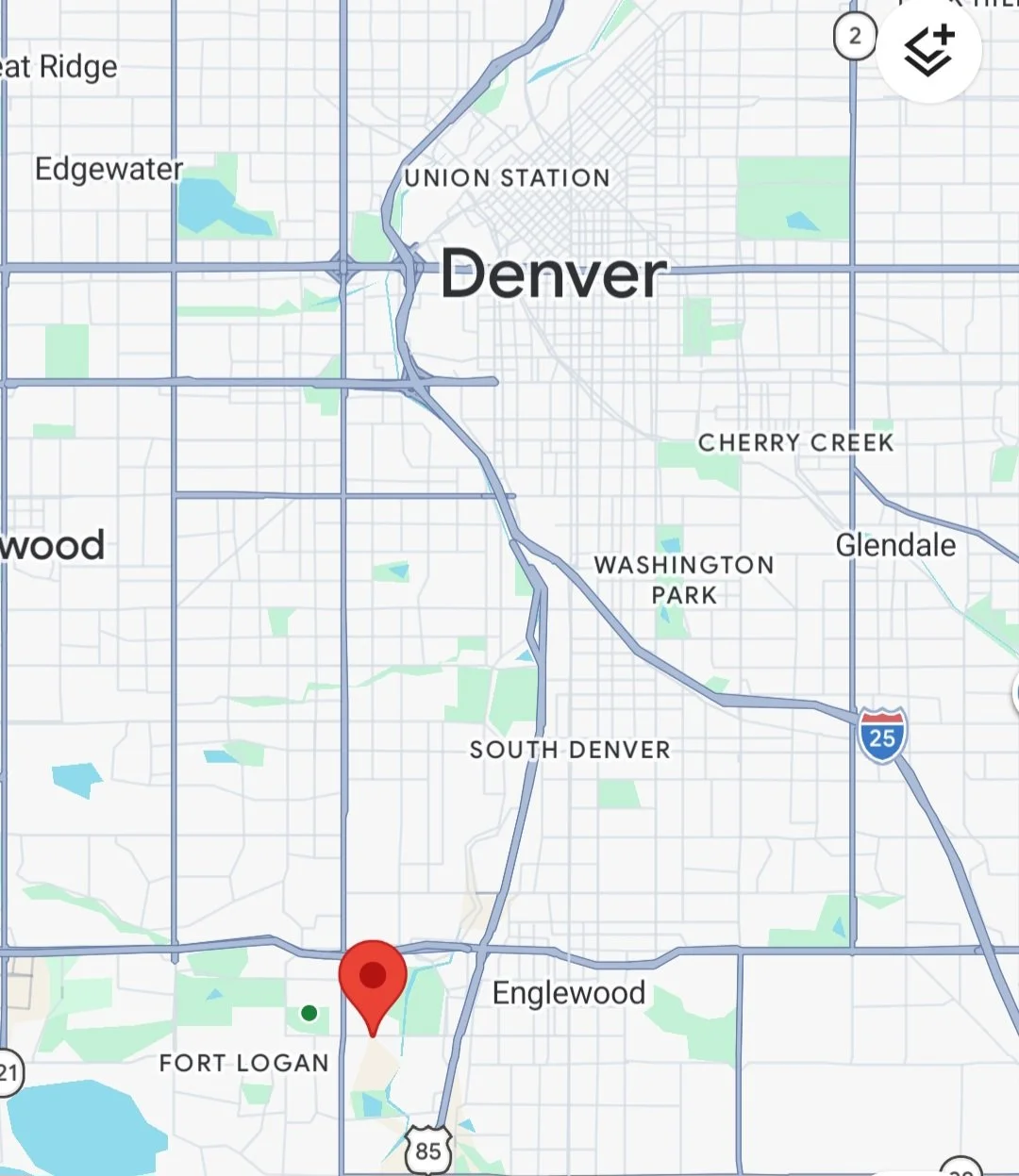 Map of Denver, Colorado showing surrounding neighborhoods such as Union Station, Cherry Creek, Washington Park, South Denver, Englewood, and Fort Logan with highways I-25 and US-85.