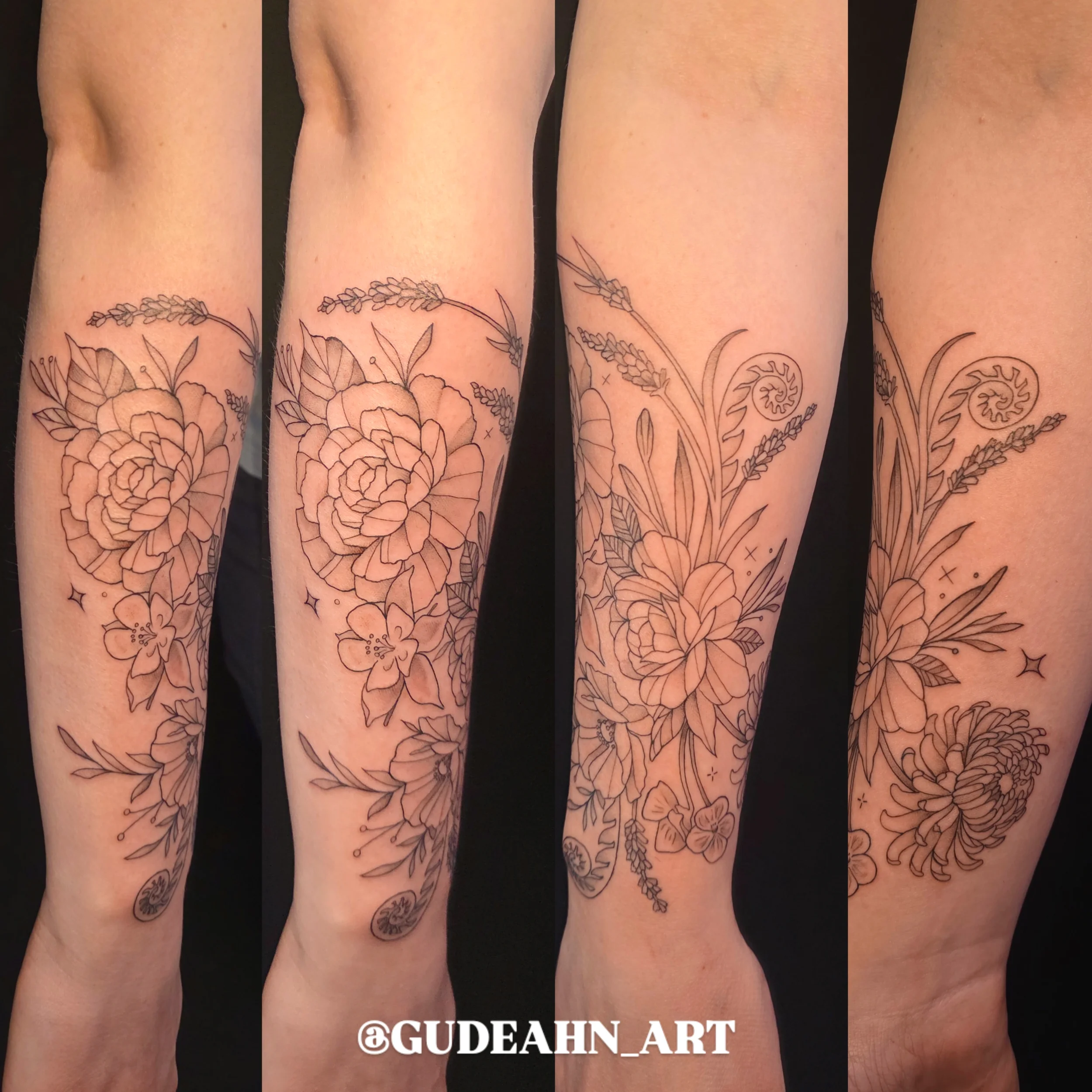 Black outline floral tattoo on person's forearm, featuring roses, lilies, fern leaves, and swirling patterns.