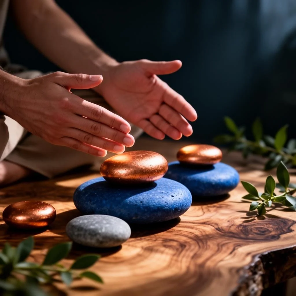Hands arranging stacked decorative stones on a wooden surface with greenery nearby.