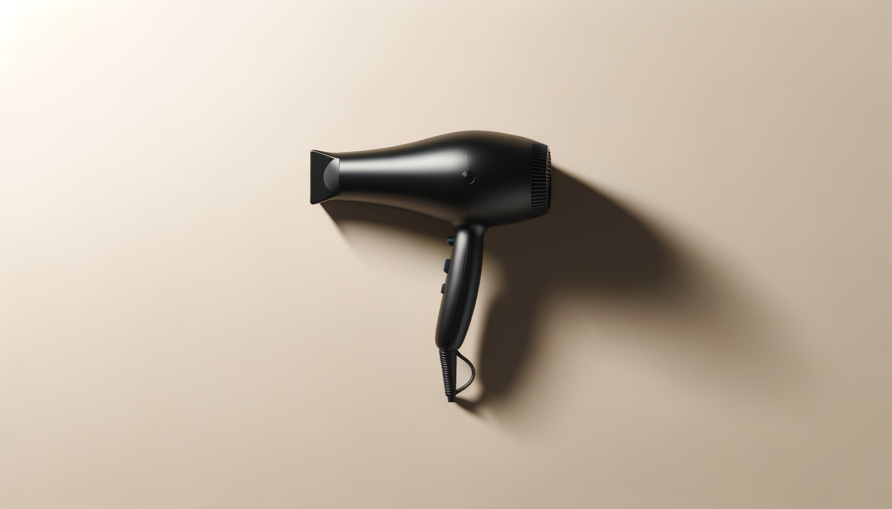 A black hair dryer mounted on a beige wall with a shadow cast to the right.