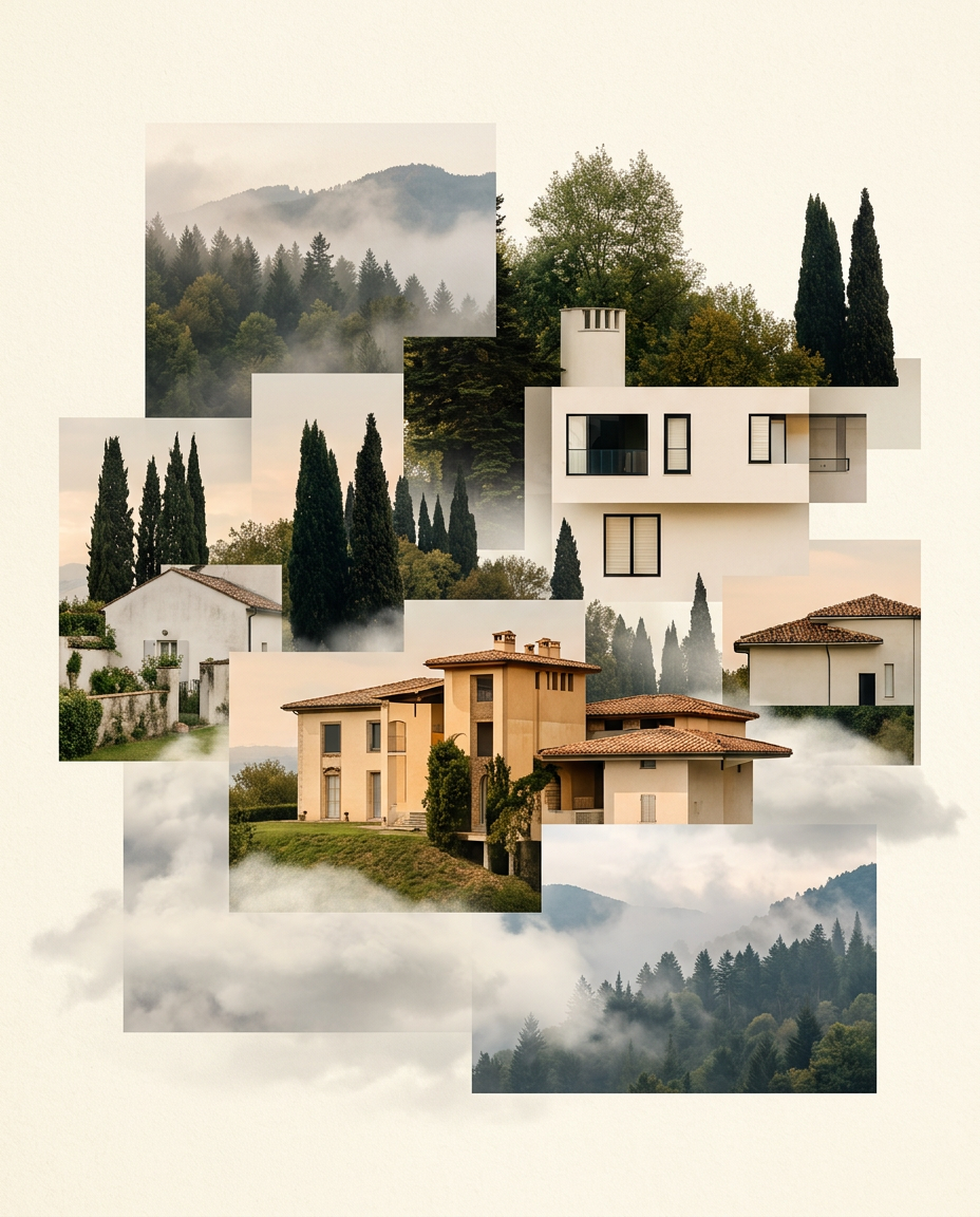 Collage of different houses set against a backdrop of misty mountains and trees, with some houses featuring modern architecture and others traditional designs.