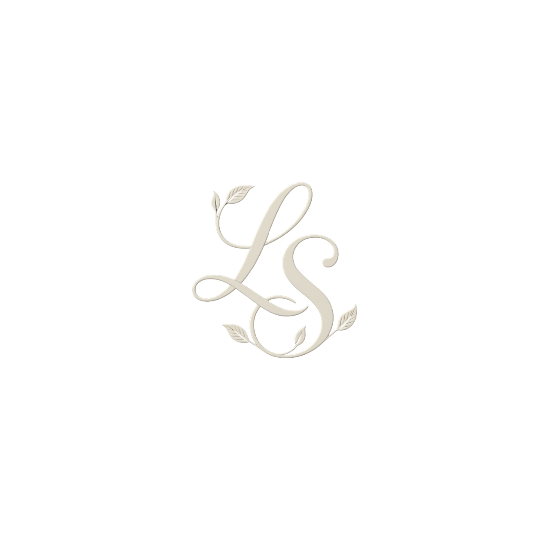 A logo with the initials "LS" in a cursive, light parchment font, adorned with small leaves at the top and bottom of the letters, set against a warm charcoal background.