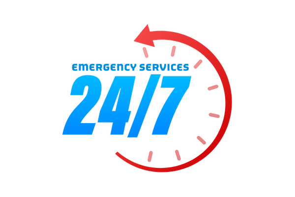 Emergency services logo with blue text and a red clock arrow indicating 24/7 availability.