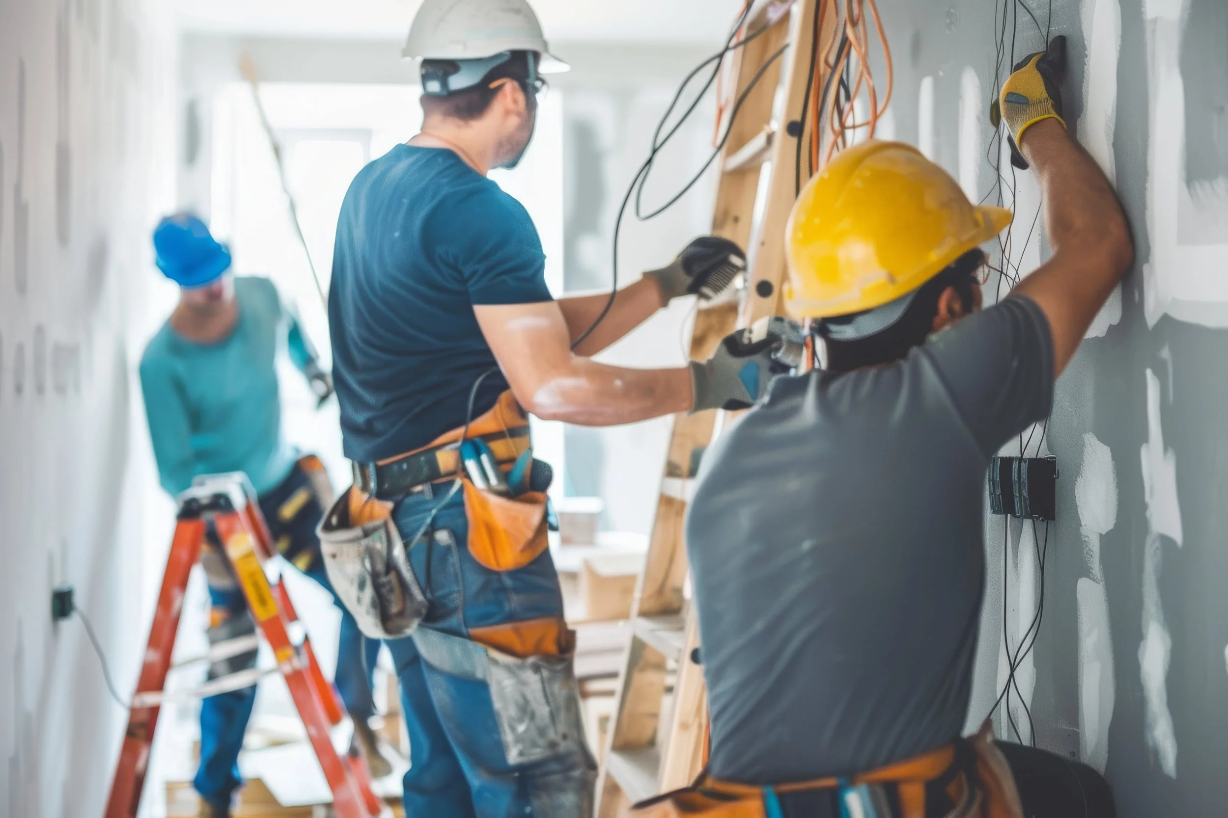 Three construction workers installing electrical wiring on a wall. Two are wearing yellow safety helmets, and one is wearing a white helmet. They are focused on wiring, and there is a wooden ladder and tools around them.