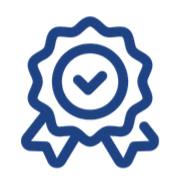 A blue award ribbon or medal with a checkmark in the center.