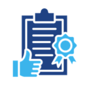 A clipboard with a paper on it, a thumbs-up hand gesture, and a blue ribbon or badge representing certification or approval.