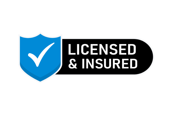 Blue shield with white checkmark next to black and white banner that reads "Licensed & Insured".