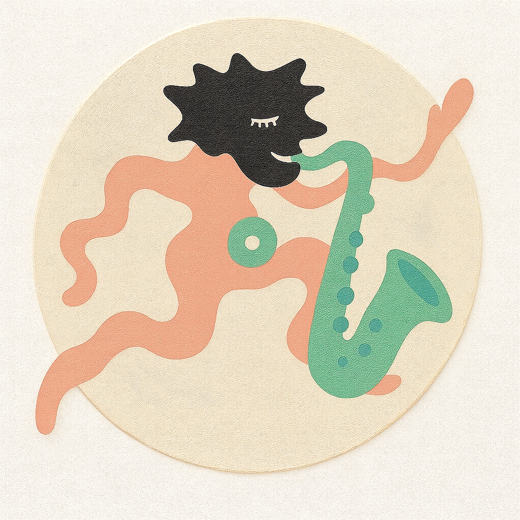 Stylized illustration of a smiling person with black hair playing a green saxophone.