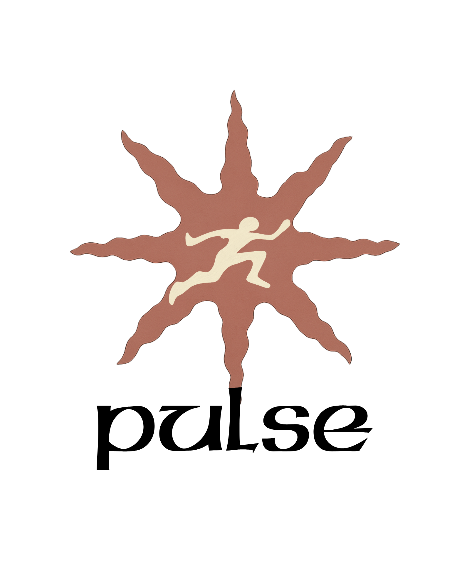 A stylized logo featuring a brown spiky starburst shape with a running human figure in the center. The word 'pulse' is written below in bold black lowercase letters.