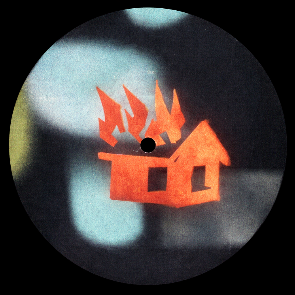 A record label with a black background and an orange cutout of a house with flames coming out of the chimney.
