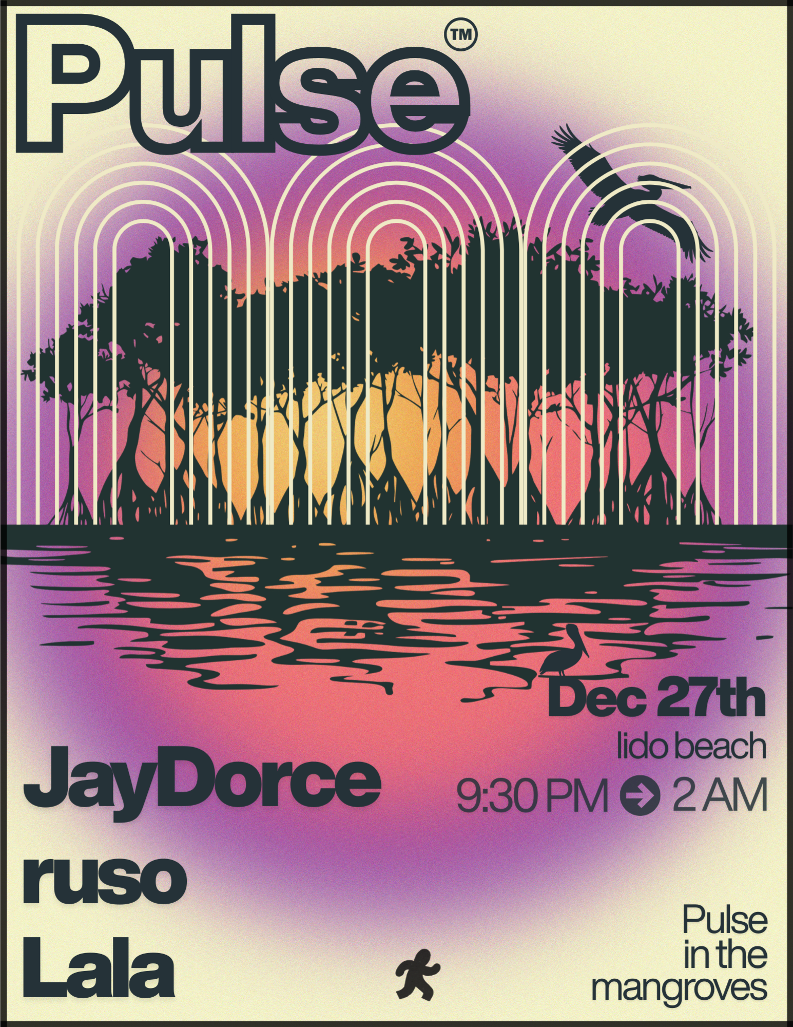 A colorful event poster featuring a sunset over mangroves with radio wave patterns. It details a music event called "Pulse" at Lido Beach on December 27th, from 9:30 PM to 2 AM. Performers listed include JayDorce, Ruso, and Lala. The bottom right cor