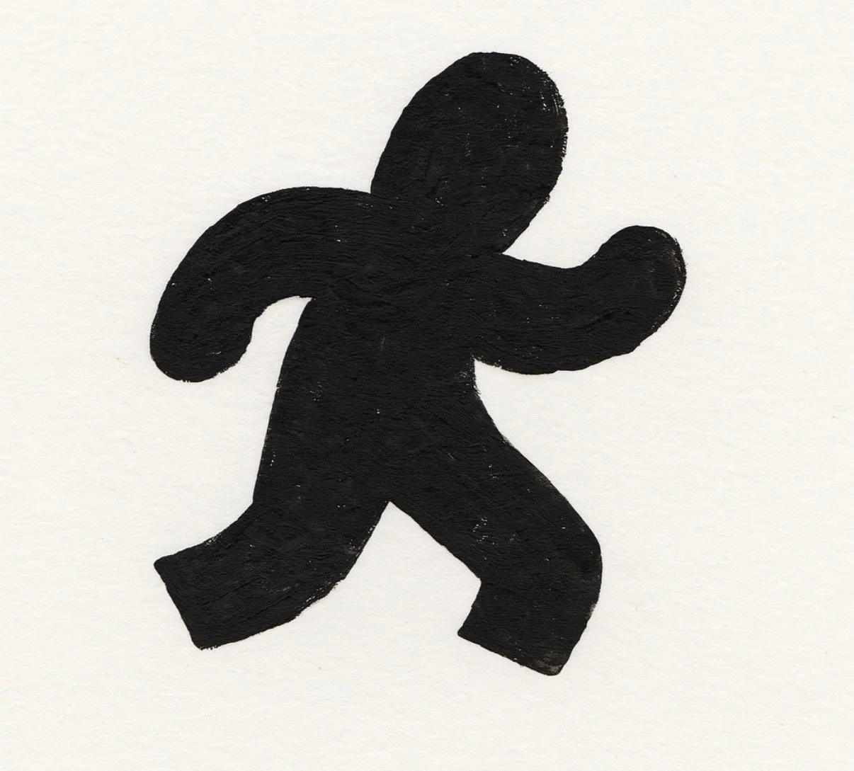 Black abstract drawing of a person walking against a white background.