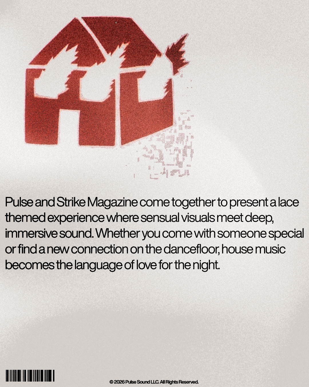Magazine cover with a red stylized house icon and black text describing a lace-themed dance music experience combining sensory visuals and immersive sound.