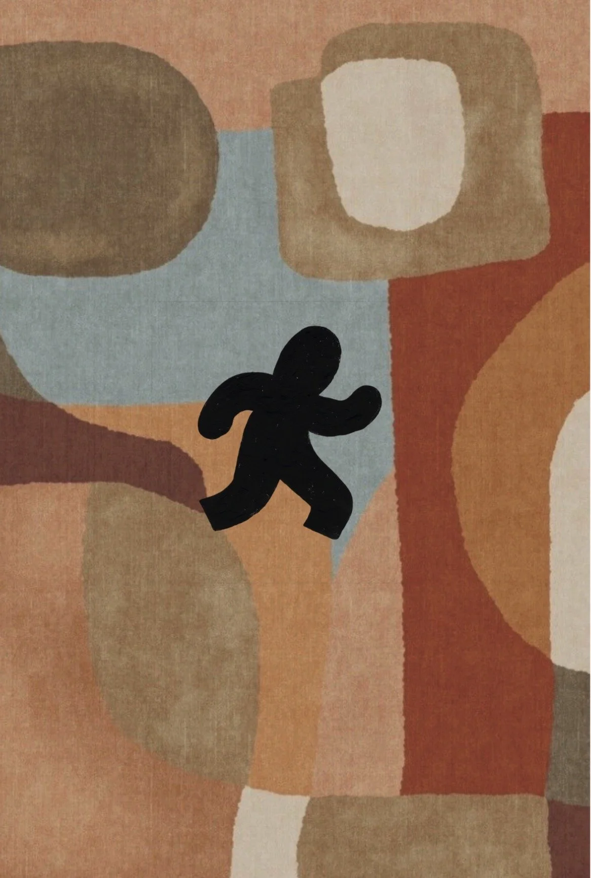 Colorful abstract patterned background with a black silhouette figure in the center.