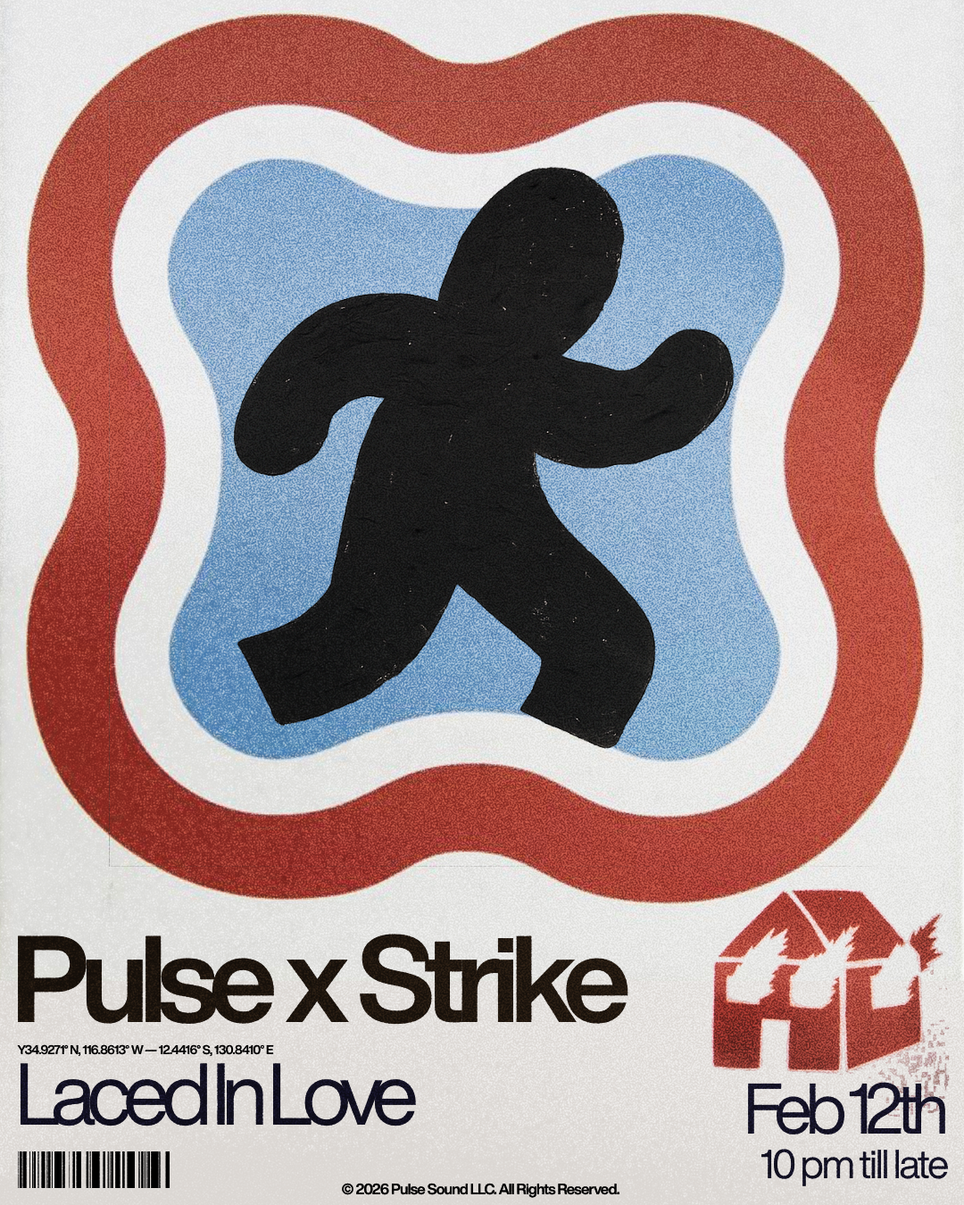 A concert flyer featuring a black silhouette of a person dancing or jumping inside a stylized, wavy frame with red, white, and blue colors. The event is titled "Pulse x Strike," called "Laced In Love," scheduled for February 12th at 10 pm. Additional