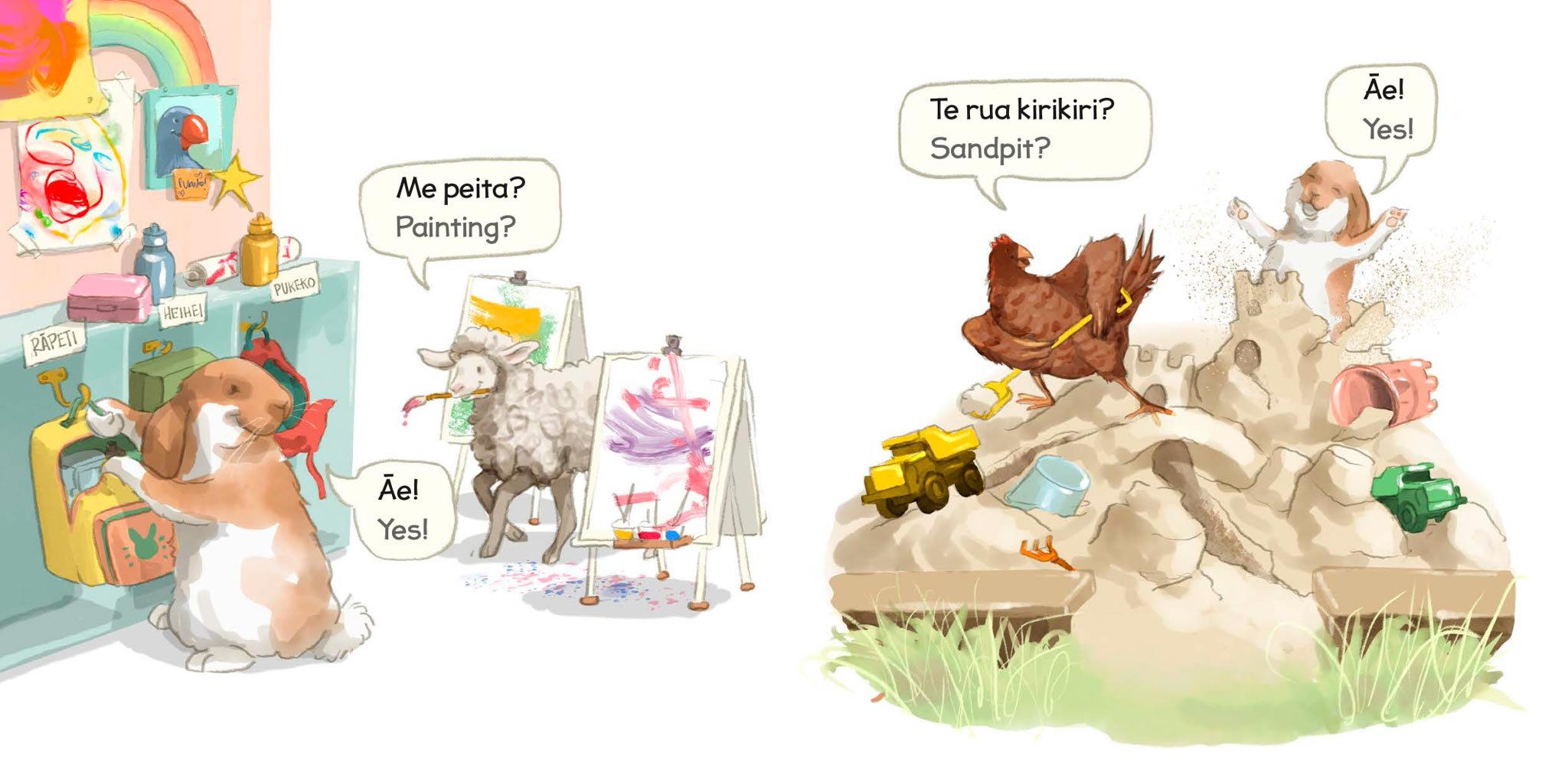 The image shows two scenes with animals, a cat, and a sheep. On the left, the dog appears to be painting, with art supplies around, and is looking at a sheep, asking if it wants to paint. The sheep responds yes. The background features children's art