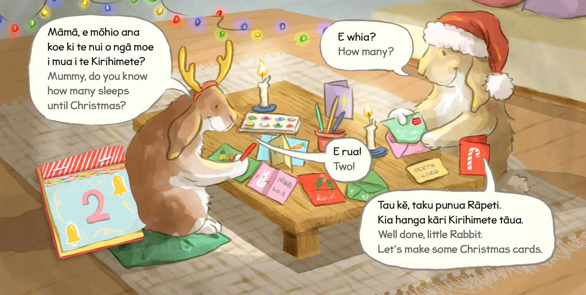 Two rabbits are sitting at a table, making Christmas cards. The rabbit asks the rabbit how many sleeps until Christmas. They are surrounded by Christmas decorations, candles, and gifts, with a calendar showing Dec 2nd.