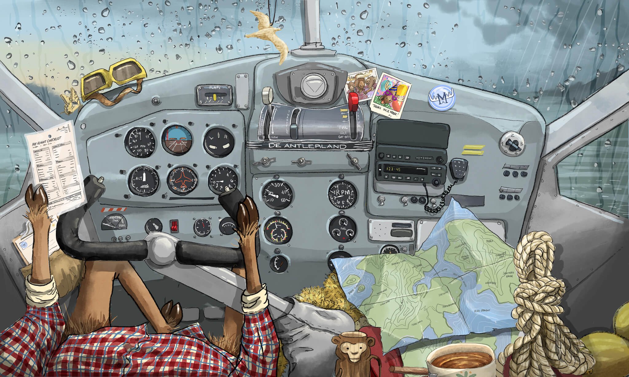 Inside a small airplane cockpit, plaid shirt is the pilot, with paws on the controls. The cockpit has various gauges and controls, with raindrops visible on the windshield. Decor items include a photo, a paw print sticker, sunglasses, a map, a cup of