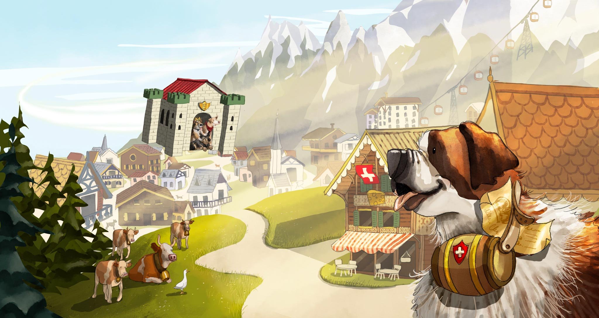Cartoon illustration of a Swiss village with animals, including a dog wearing a service vest, cows, a goose, and a castle in the background, with mountains and a cable car in the distance.