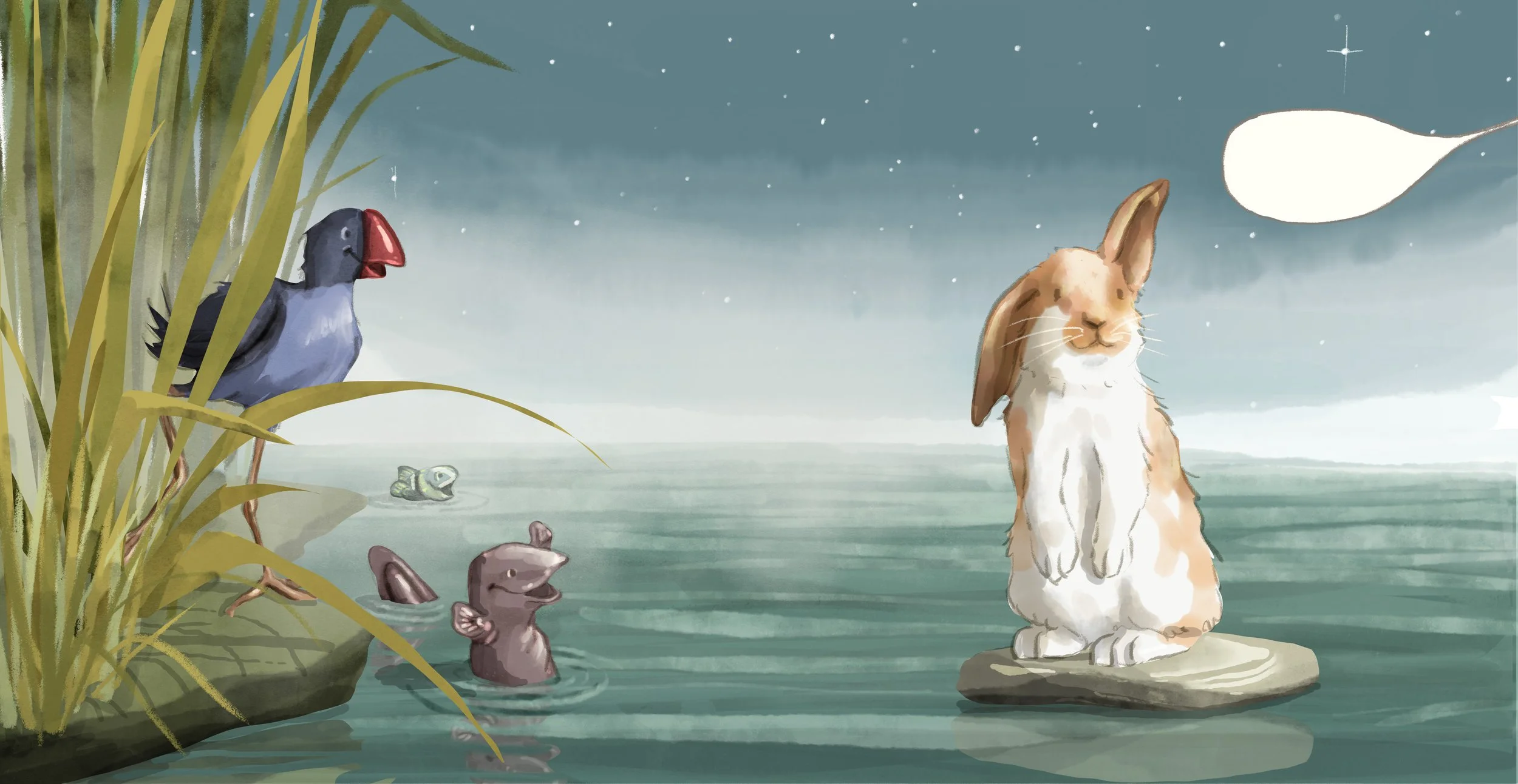 A whimsical illustration of a rabbit standing on a rock in a body of water, with a bird on the shore, a fish and a rat in the water, and a cloud in the sky.
