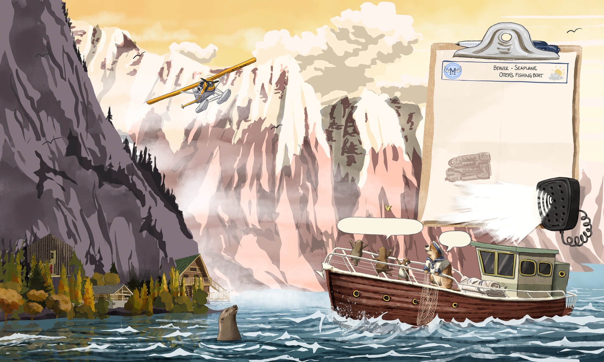 Illustration of a beaver on a houseboat with three otter, set against a mountain landscape. A seaplane flies overhead, and a sea lion jumps out of the water. The scene includes a clipboards with notes, a megaphone, and a small cabin by the shoreline.