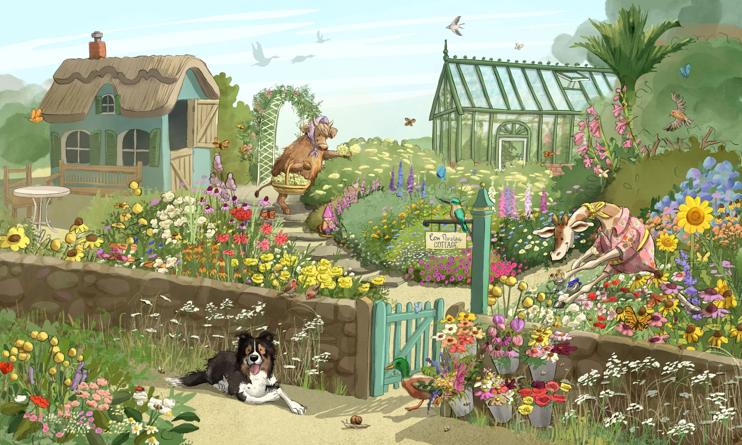 Colorful garden scene with various animals, flowers, and a greenhouse. A dog lies near a stone wall, a donkey in a pink dress tends to flowers, birds and butterflies fly around, and a goat holds a basket of vegetables. A cottage and greenhouse are in the background, with a sign reading 'Low Parsley Cottage'.