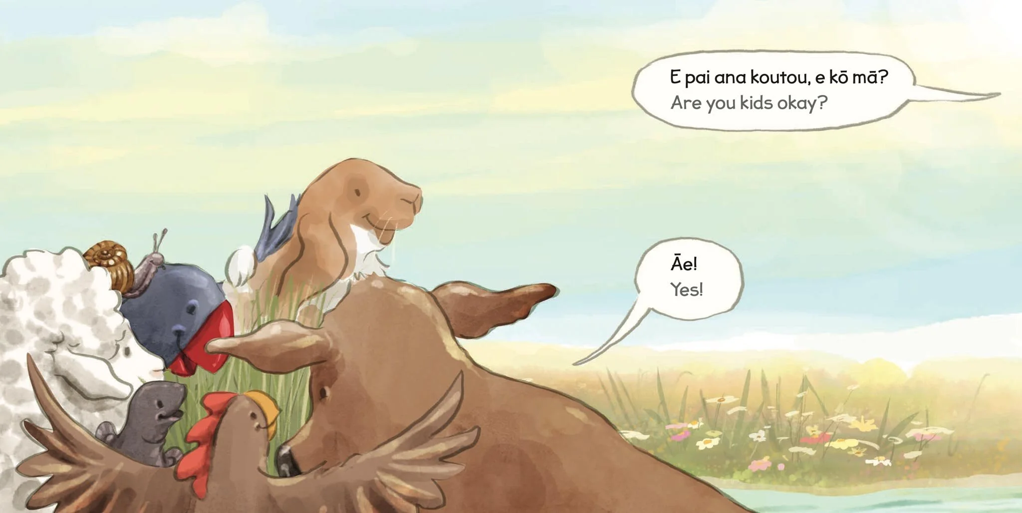 A group of farm animals, including a sheep, a cow are outdoors in a grassy field with flowers. The horse is speaking to the animals, asking if the kids are okay. 