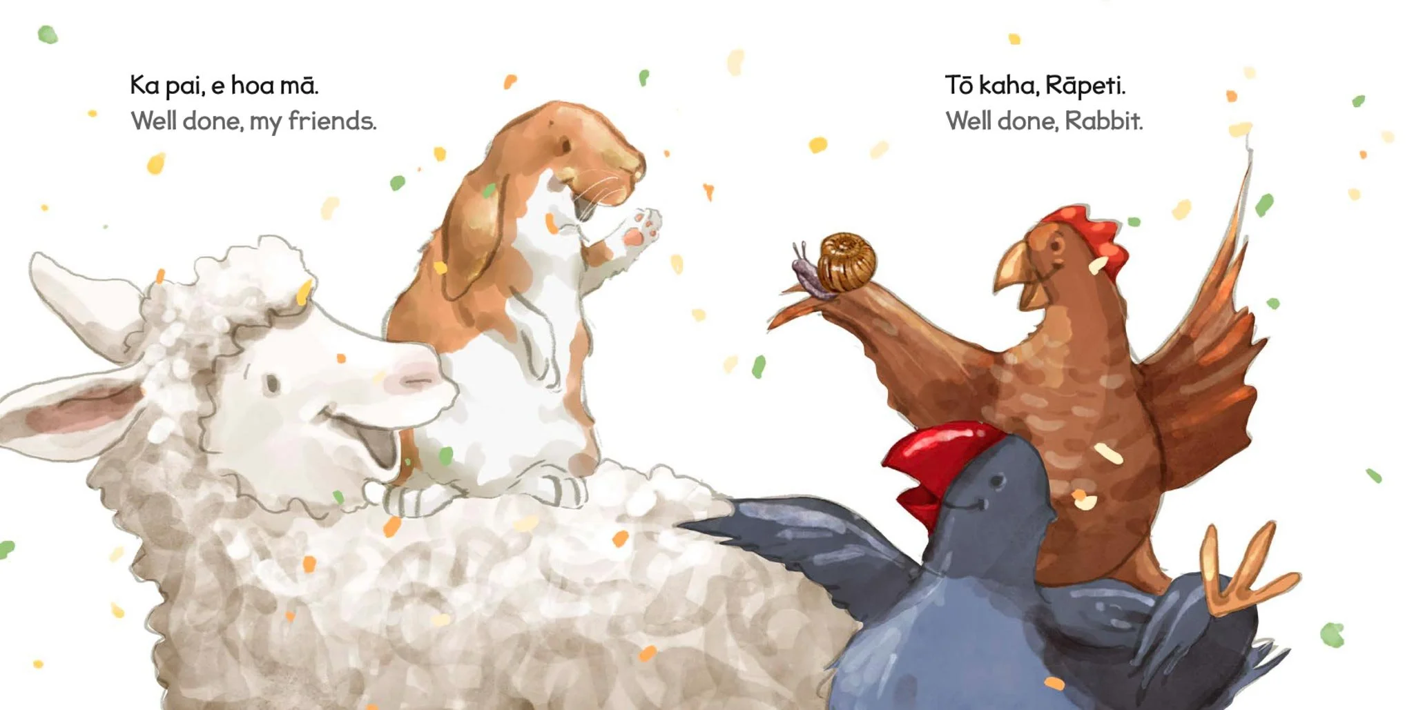 Illustration of a dog, sheep, rabbit, chicken, and a bird celebrating together with colorful confetti, with quotes praising their good deeds in both Hawaiian and English.