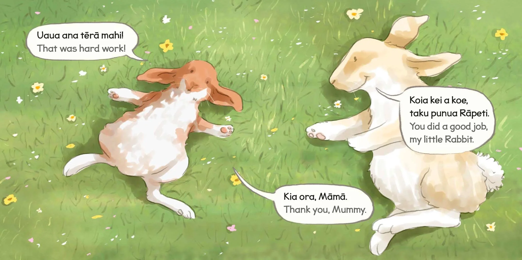 An illustration of a small brown rabbit and a larger cream-colored rabbit lying on grass surrounded by small flowers. The smaller rabbit is thanking the larger rabbit, and both are smiling. The scene has a cheerful and peaceful atmosphere.