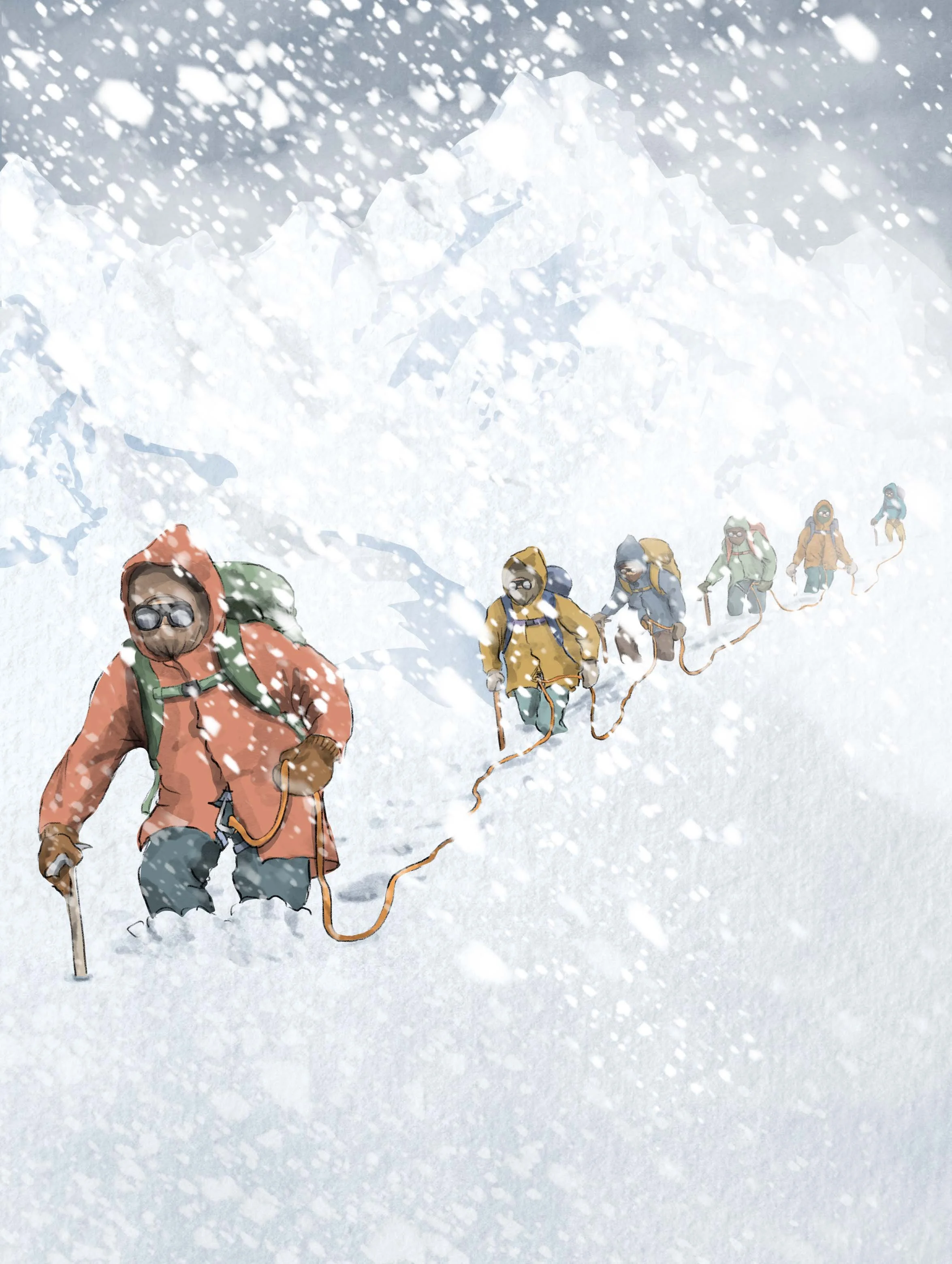 A group of mountaineers in snow gear ascending a snowy mountain with snowy peaks in the background.