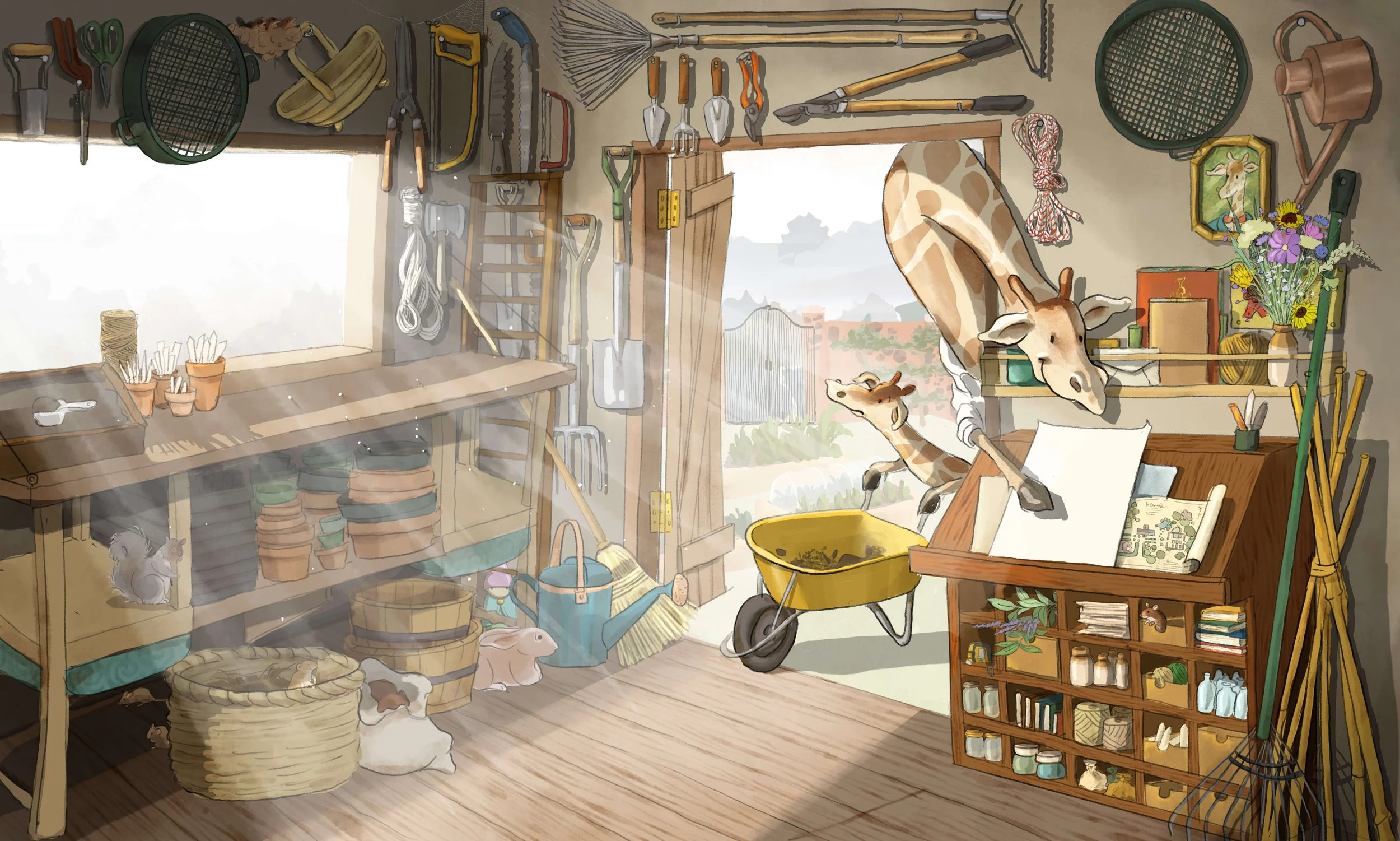 Interior of a farm shed with gardening tools, animals, and supplies, including a wheelbarrow, rabbits, a giraffe, and a mouse, with sunlight coming through a window and open door.