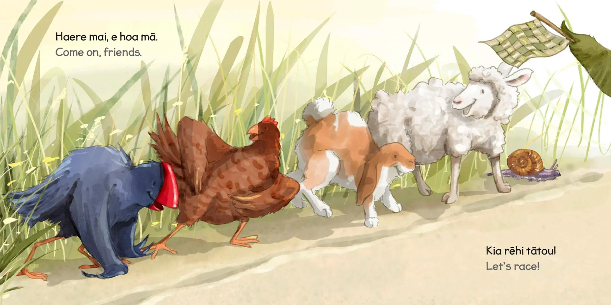 Cartoon illustration of five animals preparing for a race. From left to right: a blue bird, a brown hen, a small brown dog, a fluffy white sheep, and a purple snail with a shell, next to a flag held by a green hand. The background features tall grass