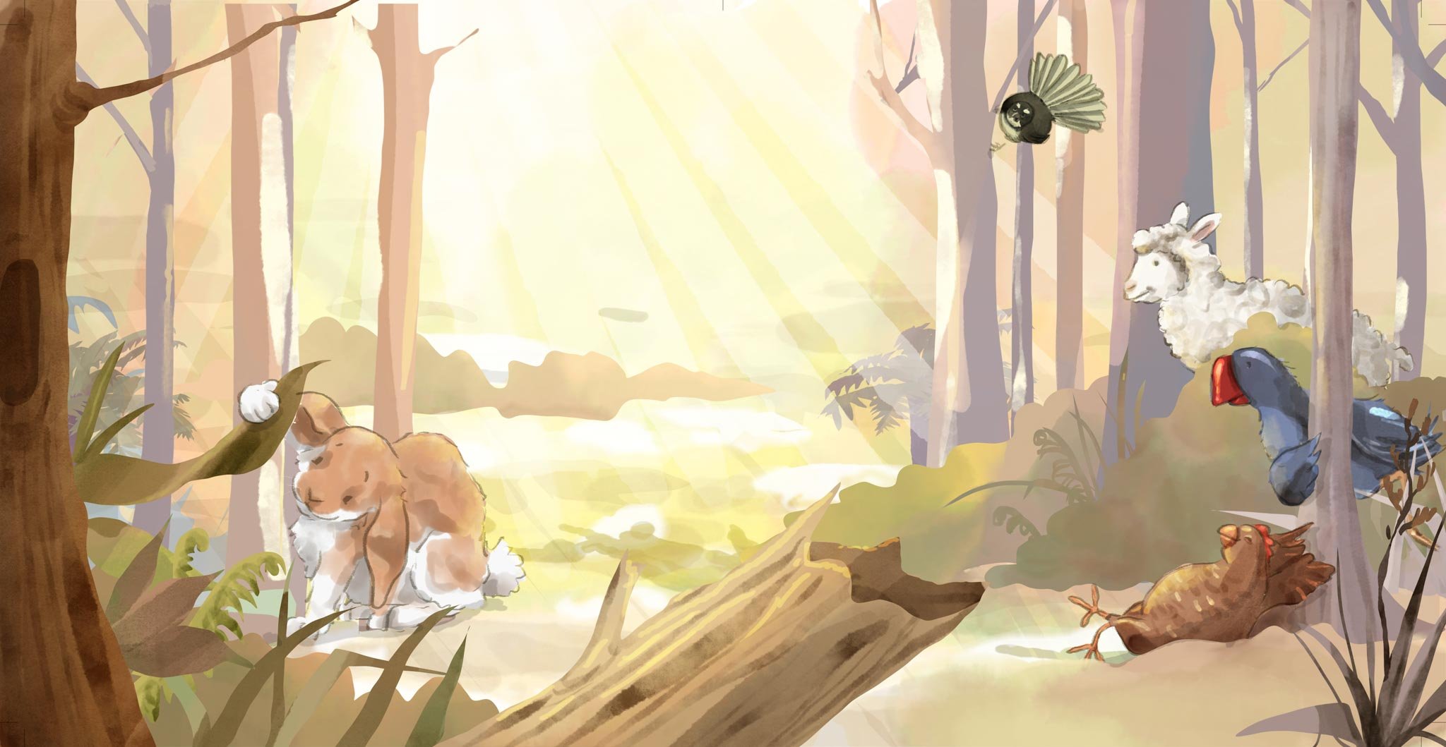 A digital illustration of a cozy forest scene with sunlight streaming through tall trees, enjoying a peaceful morning. In the foreground on the left, a brown and white dog with closed eyes, a fluffy tail, and floppy ears is sitting on the ground near