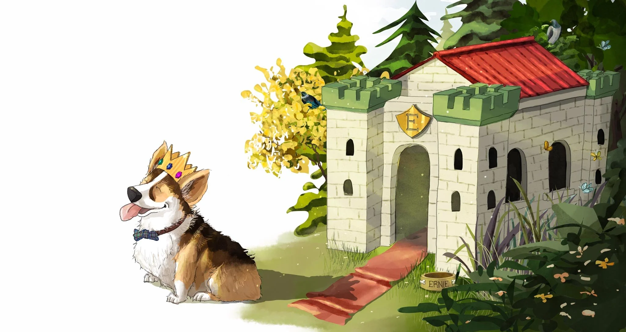 Illustration of a happy dog wearing a crown with colorful jewels, sitting next to a whimsical castle surrounded by green trees and plants.