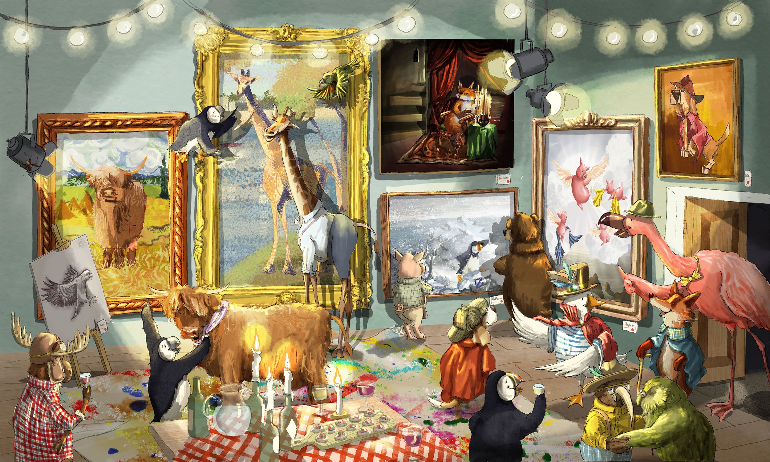 An art gallery filled with anthropomorphic animals and paintings, celebrating a lively party with colorful decorations, food, and drinks.