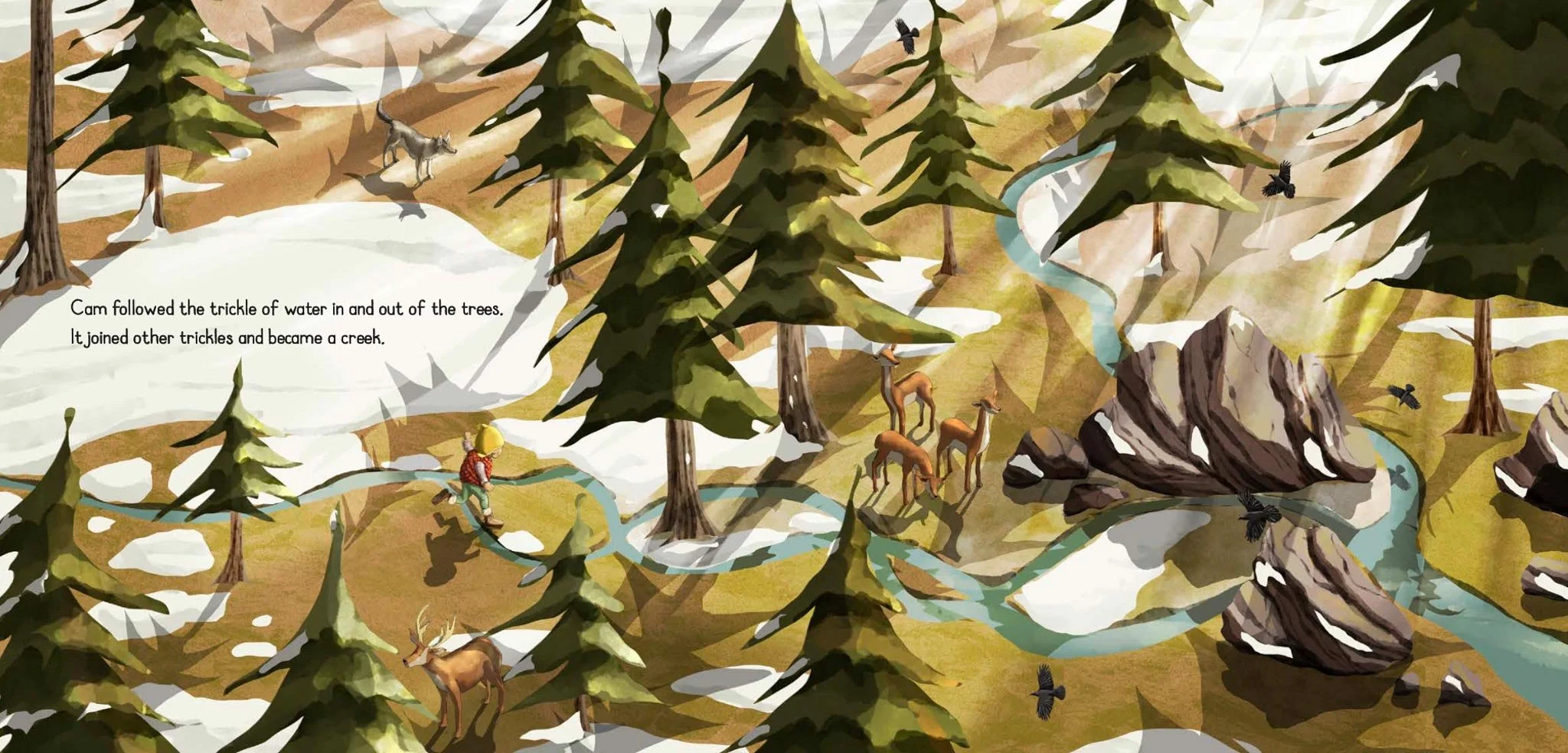 A boy wearing a yellow hat and red shirt walking on a trail beside a creek in a forest with tall pine trees, deer, and birds, and rocks in the background.