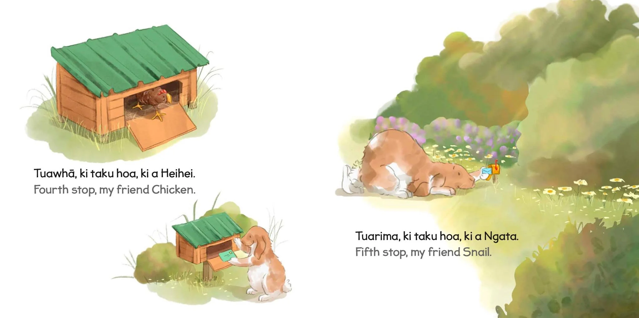 Illustration of a dog and a chicken, with the chicken inside a small wooden coop with a green metal roof, and the dog reading a letter outside the coop. The scene includes grass and bushes, and the background shows a field with flowers and smoke in t