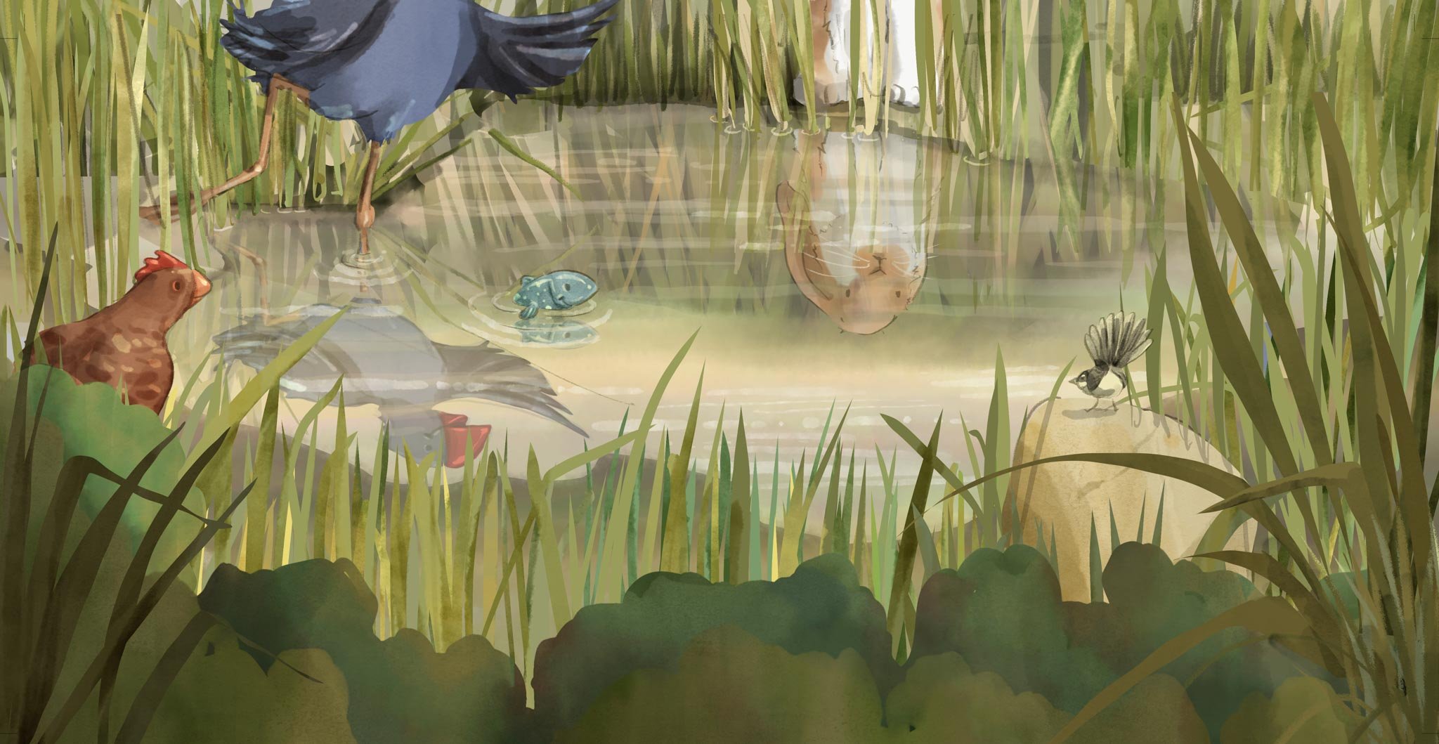 A peaceful pond surrounded by tall grasses, with various animals including a hen, a frog, a mouse, a bird, and a heron all interacting near and in the water.
