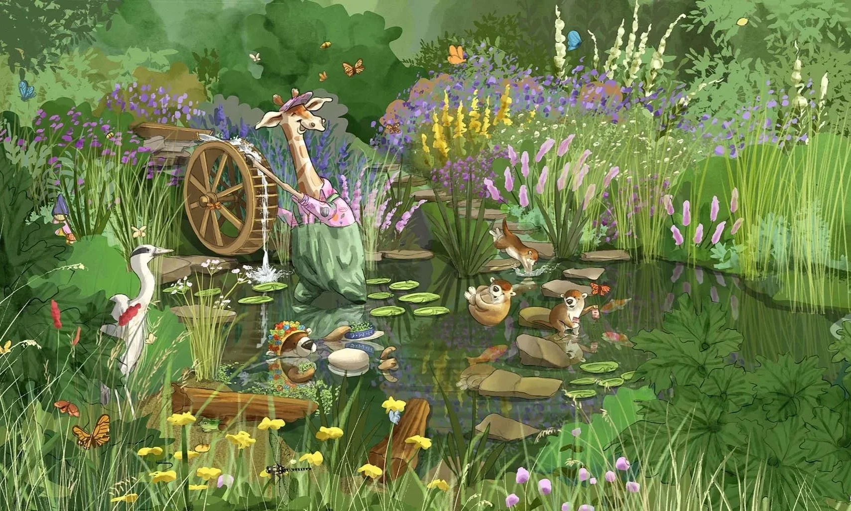 Illustration of a lush garden pond scene with animals, including a giraffe wearing a pink dress and hat, a herd of raccoons with butterfly wings, ducks, swans, butterflies, dragonflies, and various colorful plants and flowers surrounding the water.