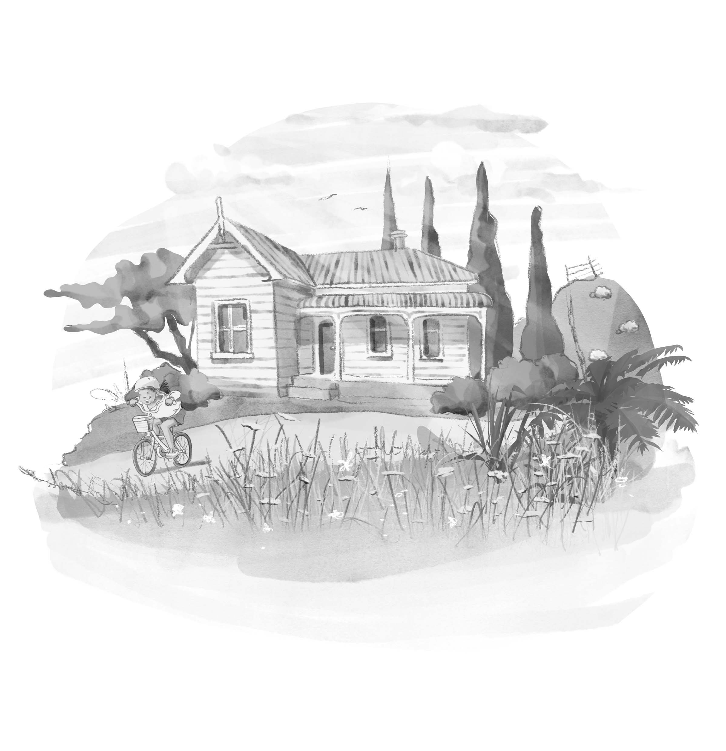 A black and white watercolor illustration of a house with a porch, surrounded by tall trees, bushes, and teardrop-shaped cypress trees. A girl is riding a bicycle on a grassy path in front of the house, wearing a hat. There is a rock with clouds and 