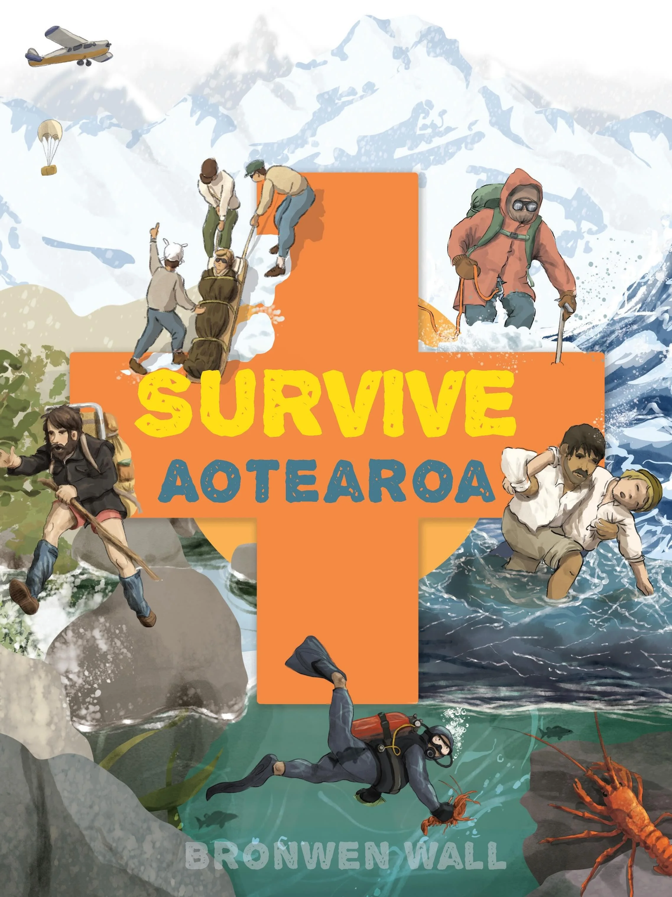 Illustration of survival scenarios in Aotearoa, New Zealand, including mountain rescue, sea rescue, and outdoor activities, with a mountain background, helicopter, and ocean life.
