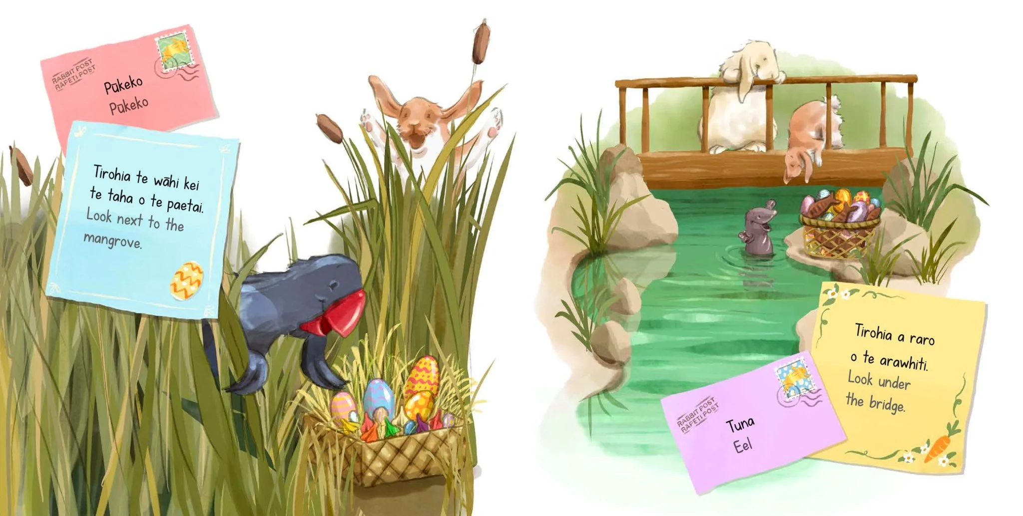 Illustration of a pond with animals, including a rabbit, and a picnic basket with eggs, with signs indicating to look next to the mangrove and under the bridge.