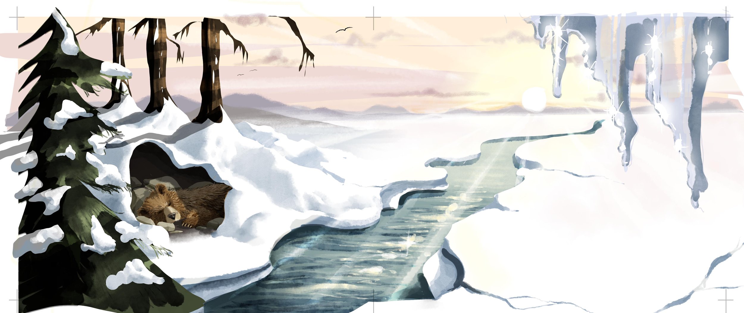 A winter landscape with snow-covered ground, tall snow-laden trees, icicles hanging from cliffs, a flowing river, and a bear resting inside a den.